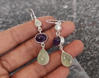 Handgemachte Sterling Silber Prehnit Amethyst Ohrringe