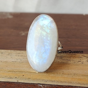 Rainbow Moonstone Ring, 925 Sterling Silver Ring, Oval Moonstone Ring, Boho Ring, Handmade Ring, June Birthstone Ring, Big Gemstone Ring ***