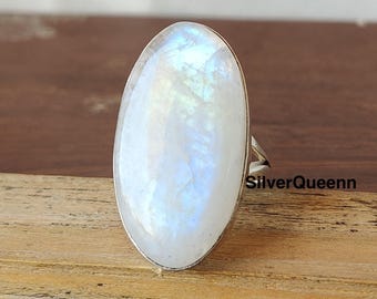 Rainbow Moonstone Ring: Sterling Silver Oval Boho Ring