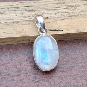 Rainbow Moonstone Pendant: Oval 925 Sterling Silver Boho Wedding Ring