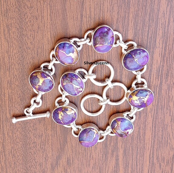 Natural Purple Copper Turquoise & 925 Sterling Silver Cuff Bracelet – Oval Gemstone, Adjustable & Stackable, Handmade