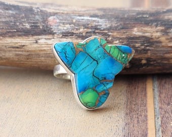 Grüner Dahlie-Türkis-Ring, Blumenaussagering, Boho-Schmuck, handgemachter Ring, Geschenk für sie trending Geschenk Jahrestagsgeschenk