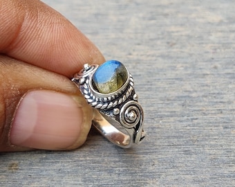Blue Fire Labradorite Ring: Dainty 925 Sterling Silver