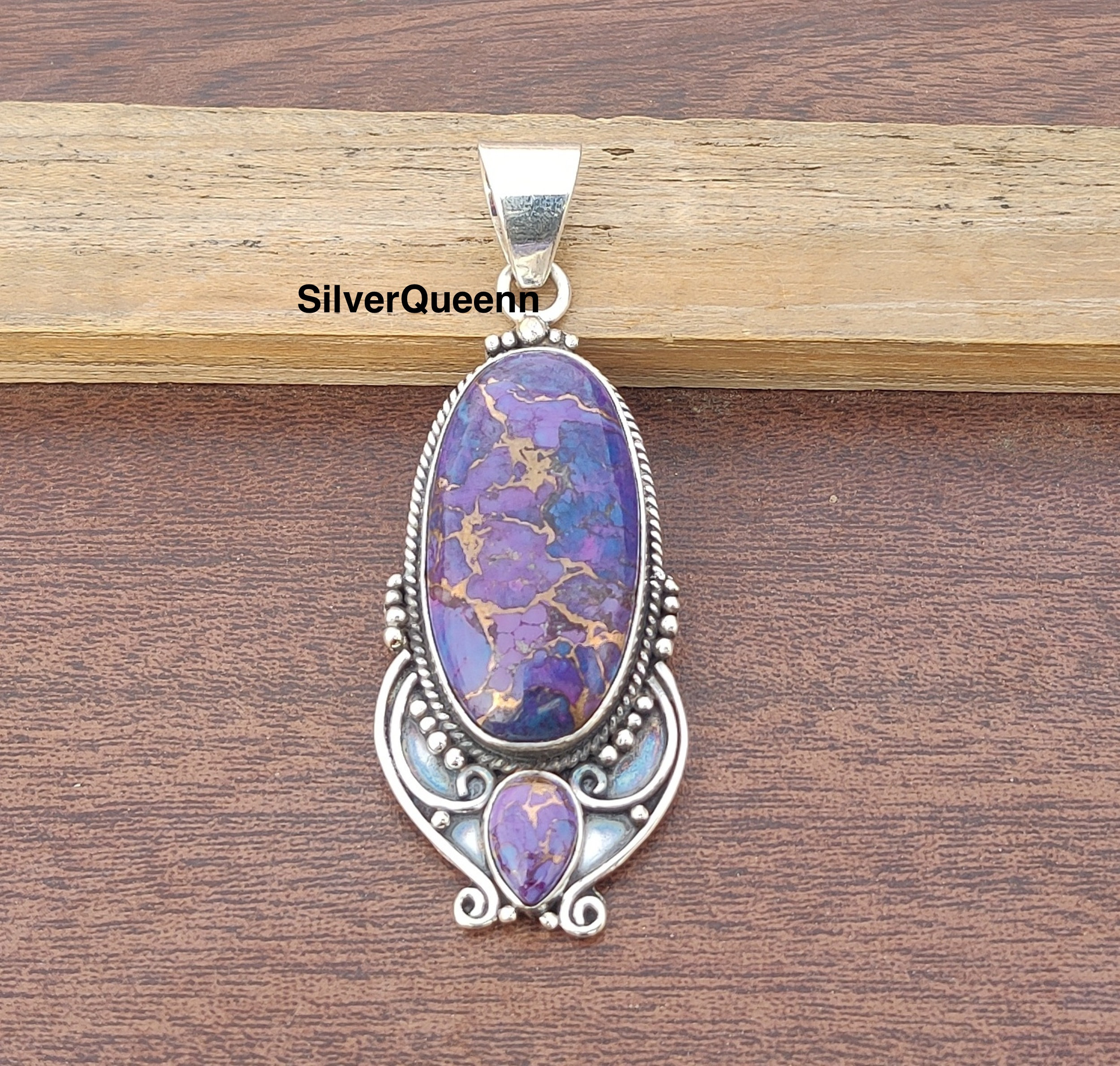 Purple Copper Turquoise Pendant, Two Stone Pendant With Handmade