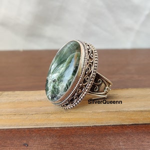 Seraphinite Ring: Designer Sterling Silver Boho Gemstone Ring