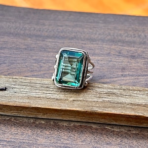 Square Aquamarine Ring: Handmade 925 Sterling Silver Boho Band