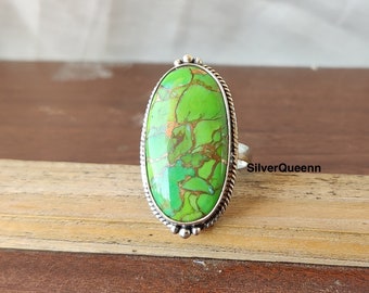 Anello artigianale in rame verde e turchese: argento sterling 925, pietra preziosa ovale