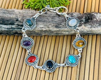 Bracelet en argent sterling 925 avec sept pierres précieuses différentes Bijoux minimalistes abordables faits main