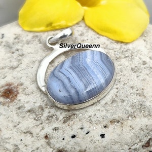 Blue Lace Agate Pendant, Solid 925 Sterling Silver, Oval Pendant ,Statement Pendant, Bridesmaid Gifts, Handmade Jewelry ,Beautiful Pendant.