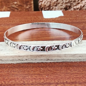 Star & Moon Symbol Sterling Silver Bangle, Bracelet For Men and Women, Thick Bangle, Bangle Jewelry, Unique Gift Bangle, Designer Bracelet**
