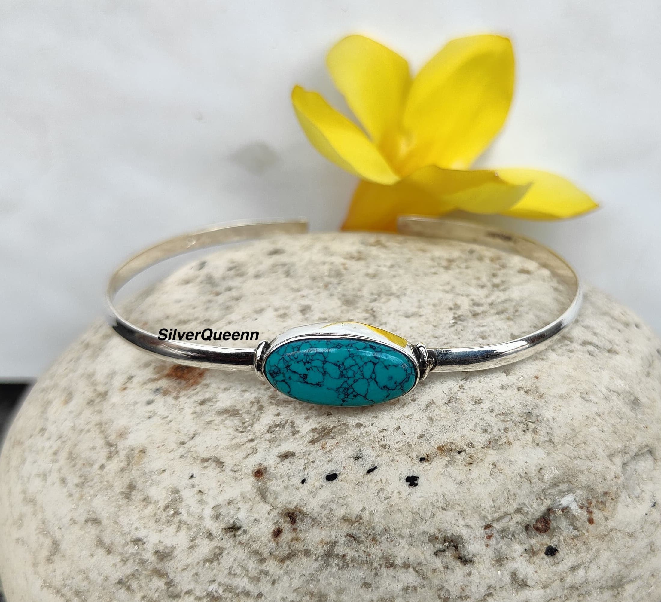 Handmade Turquoise Gemstone Bangle: 925 Sterling Silver Adjustable