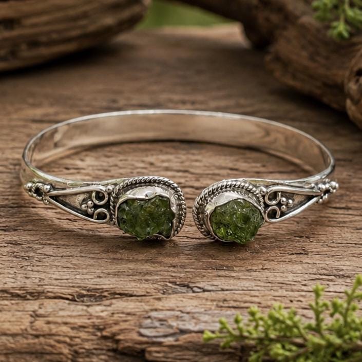 Raw Prehnite Cuff Bracelet, Sterling Silver Prehnite Bangle, Adjustable Gemstone Bracelet, Handmade women's Jewelry, Boho Gift for Her