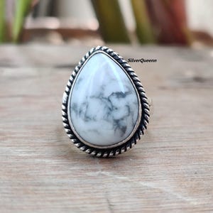 Handmade Teardrop Howlite Ring: Sterling Silver Boho Statement Jewelry