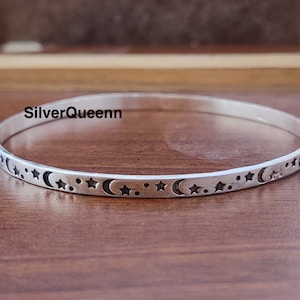 Star Moon Design Bangle, 925 Sterling Silver Bangle, Bangle For Men & Women, Handmade Bangle, Boho Bangle, Unique Gift Bangle, Gift For Her*