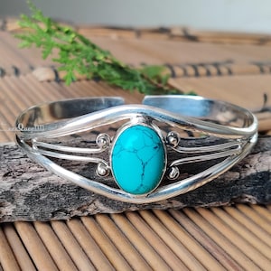 Handmade Turquoise Bangle, 925 Sterling Silver Adjustable Cuff Bracelet