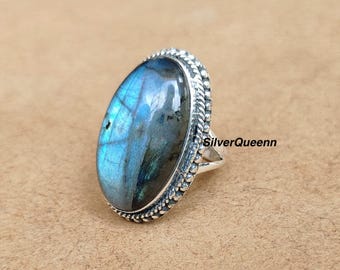 Anello ovale in labradorite, realizzato a mano, in argento sterling 925, delicato anello nuziale.