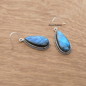 Labradorite Dangle Earrings: 925 Sterling Silver Boho Wedding Jewelry