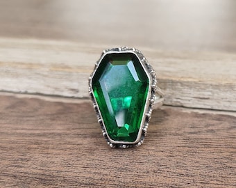 Anello a forma di bara in argento 925 con quarzo smeraldo verde - Anello di tendenza in stile boho