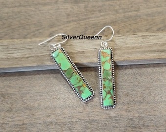 Grüne Kupfer Türkis Handgemachte 925 Sterling Silber Ohrringe: Lange Edelstein Schmuck