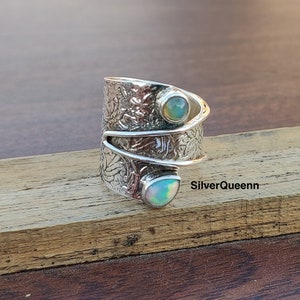 Naturlig Opal 925 Sterling Silver Ring - Justerbara Boho Smycken