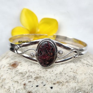 Handmade Red Edulite Bangle: Adjustable 925 Sterling Silver Bracelet