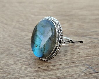 Anello in labradorite blu fuoco fatto a mano: fascia in argento, gioiello boho