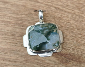 Natural Green Moss Agate Pendant, 925 Sterling Silver, Unique Pendant