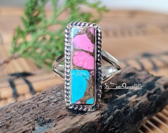 Cotton Candy Dahlie Türkis Ring, handgemachter 925 Sterling Silber Bandschmuck