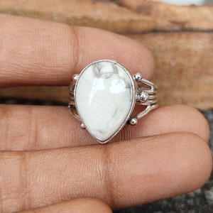 Pear Howlite Gemstone Ring: Handmade 925 Sterling Silver, Dainty Promise Ring