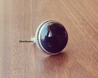 Anello con onice nera: argento sterling 925, anello rotondo fatto a mano con pietra portafortuna di dicembre.