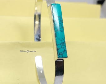 Turquoise Cat's Eye Sterling Silver Cuff Bracelet, Handmade Jewelry