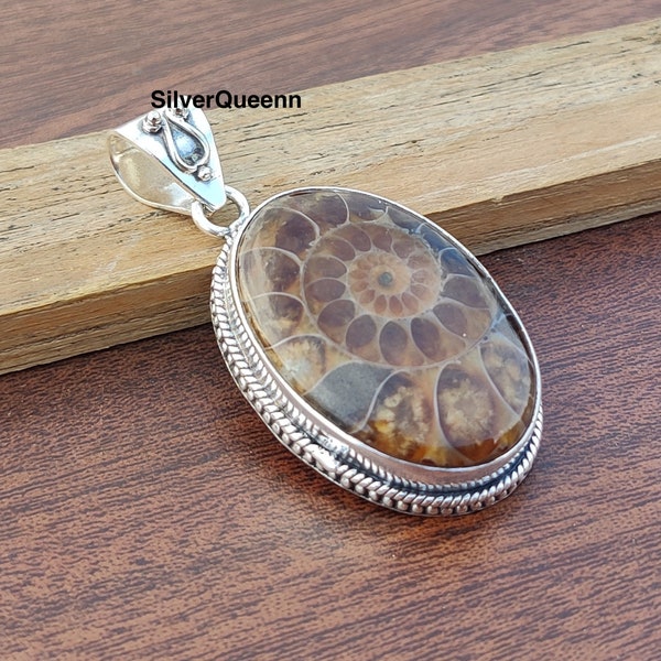 Ammonite Fossil Pendant ,925 Sterling Silver ,Gemstone Designer Pendant ,Handmade Pendant ,Ammonite Jewelry, oval Stone Pendant,Gift for her