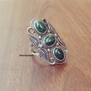 Natural Malachite Ring-Three Stone Ring- Designers Ring-925 Sterling Silver Ring-Taurus Birthstone-Silver Stack Ring-Healing Malachite Ring*