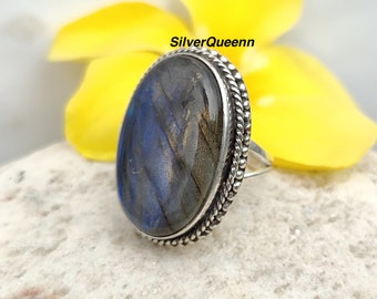 Anello artigianale in labradorite blu fuoco: argento sterling 925