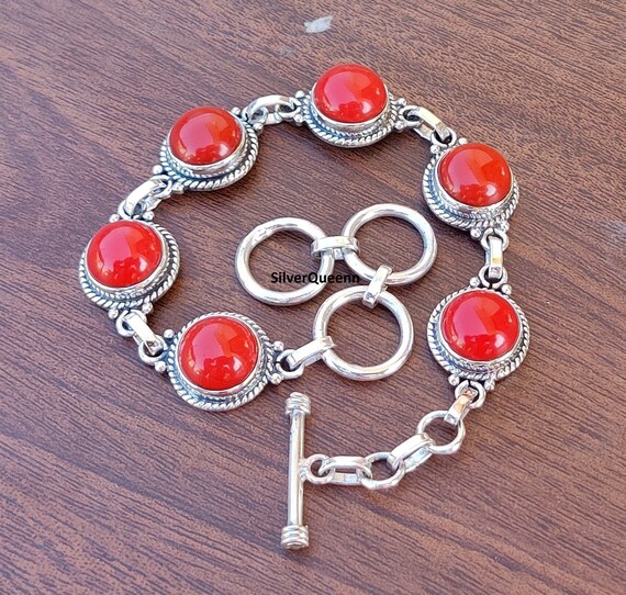 Bracelet En Argent 925 Avec Cornaline - Fait Main En Inde, Pierre Rouge 14x10mm, Ajustable, Neuf Sans Emballage