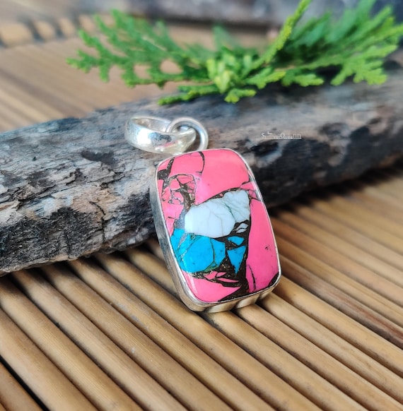 Cotton Candy Pink Dahlia Turquoise Pendant: 925 Sterling  display picture 1