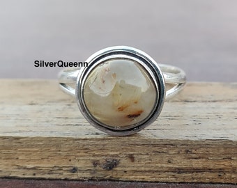 Rutilated Quartz Ring, 925 Sterling Silver Ring, Band Ring, Round Stone Ring, Sterling Silver Ring, Gold Stone Ring, Propose Ring ****