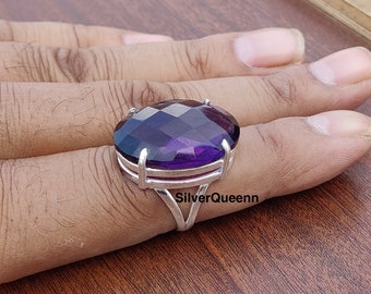 Anello ovale in argento 925 con ametista - Gioiello boho fatto a mano con pietre preziose