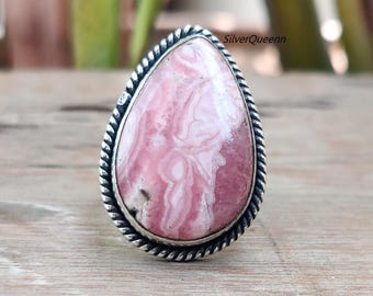 Anello vistoso in rodocrosite fatto a mano: gioiello boho a goccia in argento sterling