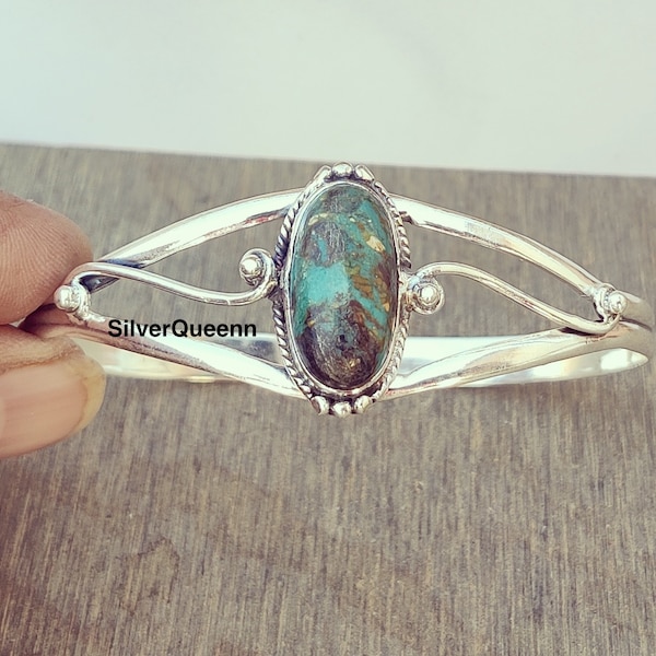 Tibetan Turquoise Bangle*Gemstone Bangle* Oval Shape Bangle*Adjustable Bangle*925 Sterling Silver Bangle*Stylish Bangle*Gift Jewelry*