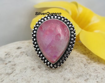 Anello fatto a mano con pietra di luna rosa a forma di pera: argento sterling 925 massiccio