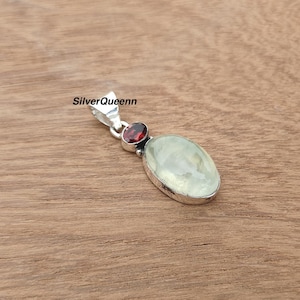 Prehnite & Garnet 925 Sterling Silver Pendant ,Two Gemstone Pendant Gift For Mom ,Bezel Setting Prehnite Pendant.