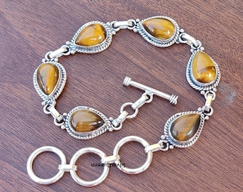 Bracciale a forma di pera in occhio di tigre, argento sterling 925, regolabile.