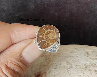 Ammonit Fossil Ring, 925 Sterling Silber, handgemachter Schmuck