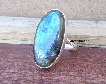 Handgemachter Labradorit 925 Sterling Silber Ring: Boho Daumen Ring