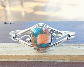 Handmade Oyster Copper Turquoise Bangle: 925 Sterling Silver Gemstone