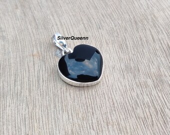 Heart Black Onyx Pendant: 925 Sterling Silver Bezel Pendant For Women