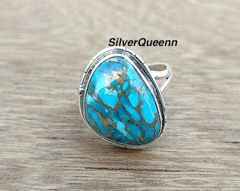 Anello fatto a mano in rame blu e turchese: gioielli boho in argento