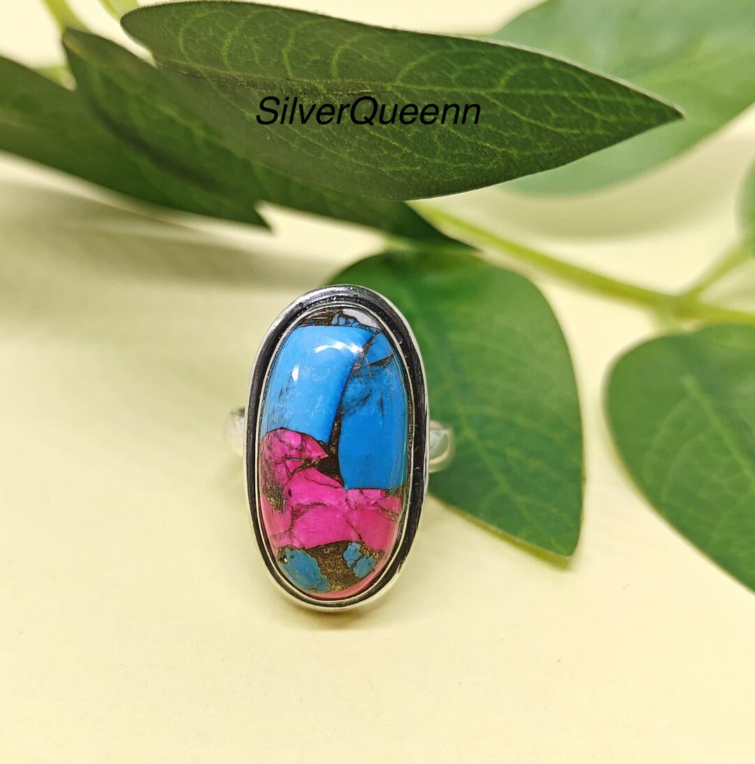 Cotton Candy Dahlia Turquoise Oval Gemstone Ring 925 Sterling