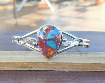Oyster Copper Turquoise Bangle: Handmade 925 Sterling Silver Teardrop Gemstone